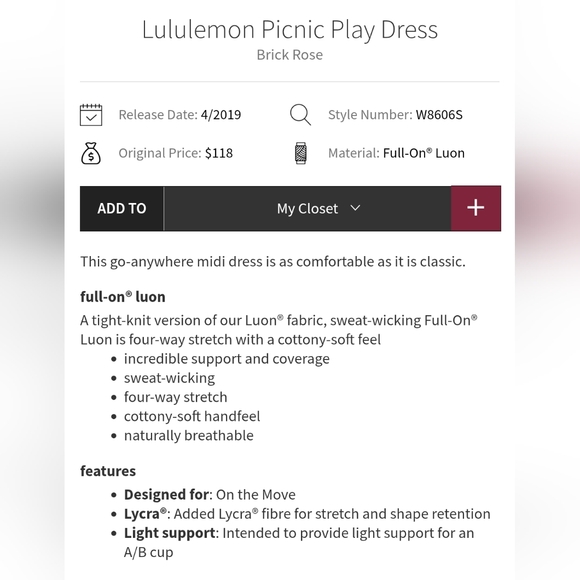 NWOT Lululemon Picnic Play Dress - Size 10 - Brick Rose - Picture 5 of 9